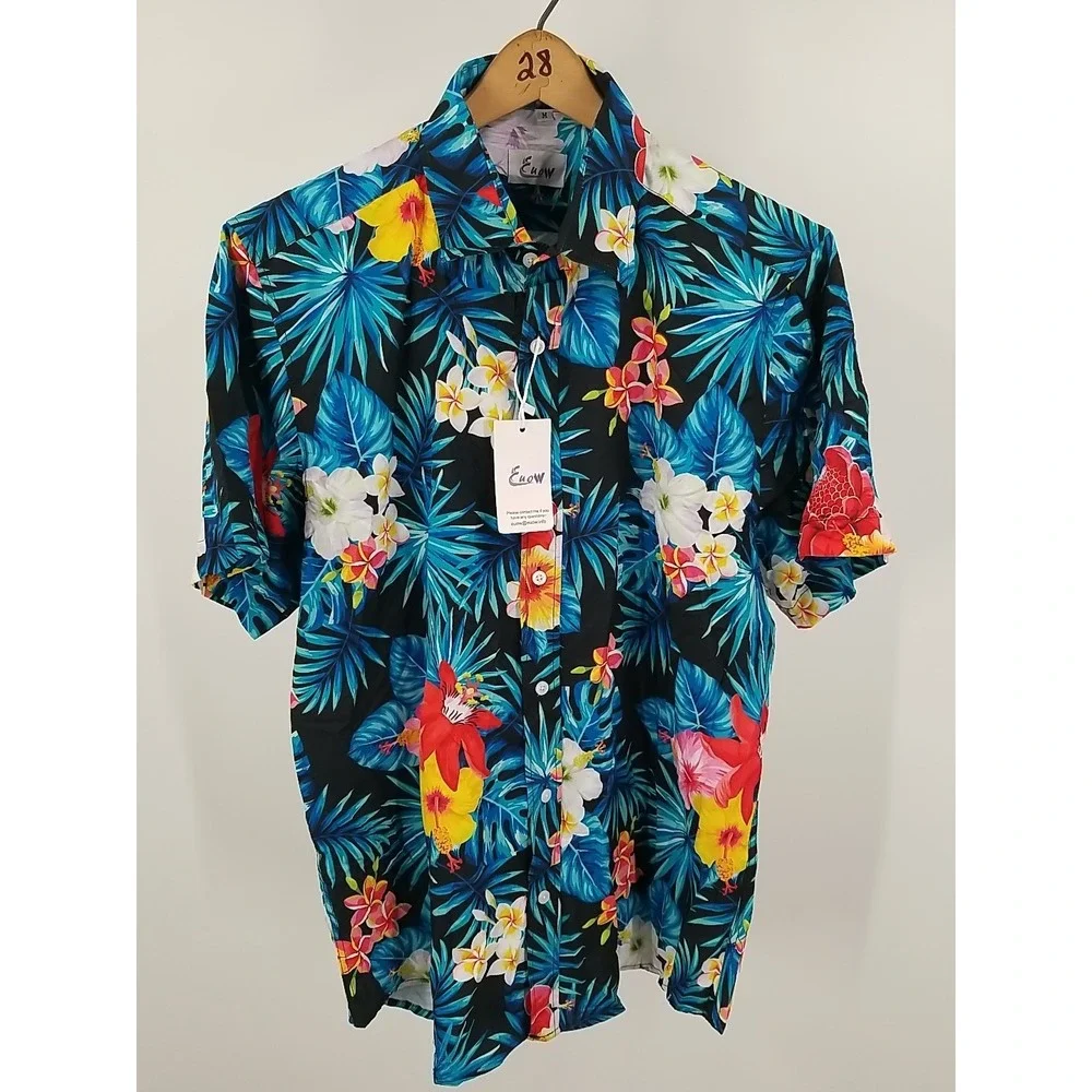 Euow Hawaiian Shirt Mens Floral Short Sleeve Button Up‎ Medium - Picture 5 of 8